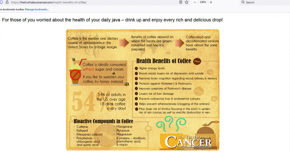 The many health benefits of coffee shown in an infographic image