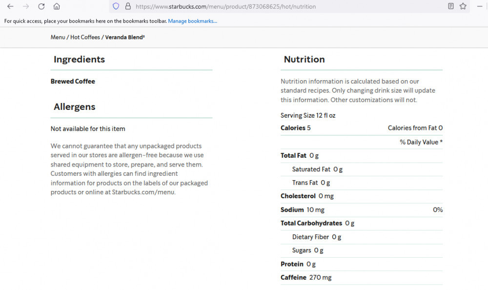 starbucks coffee caffeine content